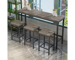 OKWISH Eettafelset – Modern Ontwerp – 148×40×90 cm – 1 Tafel + 3 Krukken – Met MDF Blad En Metalen Frame – Bruin+Grijs – Voor Keuken En Eetkamer
