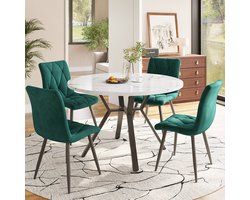OKWISH Eettafelset Rond - Marmerlook Tafel Met 4 Stoelen - Voor Eethoek Of Keuken - MDF En Staal - Wit Zwart Groen - 75 Cm