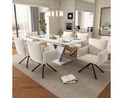 OKWISH Eettafelset - Uitschuifbare Eettafel Met 6 Stoelen - 120 Tot 160×80 Cm - V Poten - MDF Wit - Fluwelen Stoelen Beige