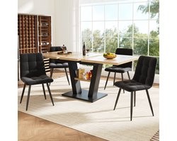 OKWISH Eettafelset - Uittrekbare Eettafel - 119-157x80x75 cm - 4 Fluwelen Stoelen - MDF Blad Met Metaal - Zwart+Natuurlijk - Met Geluidsarme Rails