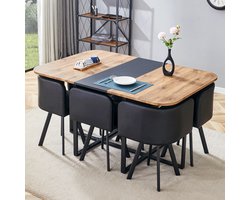 OKWISH Eettafelset - Uittrekbare Tafel Voor 4-6 Personen - 6 Stoelen Ruimtebesparend - Moderne Stijl - MDF Metaal Zwart Natuurhout - 150x100x79 cm