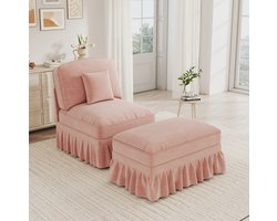 OKWISH Fauteuil 1-Zits met Hocker – Klassieke Chenille Relaxstoel met Afneembare Ruchesrok – Voor Woonkamer – Roze – Houten Poten