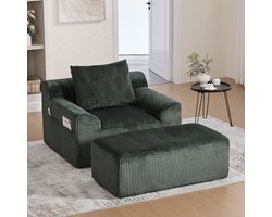 OKWISH Fauteuil - 1-Zits Oversized Fauteuil Met Voetenbank & Zijvak - Hoge Dichtheid Schuim En Veerbasis - Geschikt Voor Woonkamer - Kordstof - Smaragdgroen