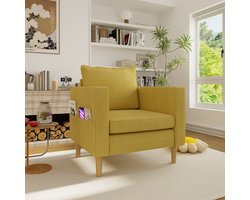 OKWISH Fauteuil 71 X 68 X 82 Cm - Met Zijvakken En Groot Rugkussen - Voor Leeshoek En Woonkamer - Chenille - Okergeel