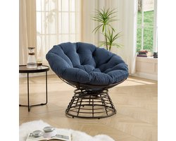 OKWISH Fauteuil - 92 Cm Papasan Draaifauteuil Met 360 Graden Rotatie - Ergonomisch Met Dik Kussen - Voor Woonkamer Slaapkamer Buiten - Rotan Metaal - Marineblauw