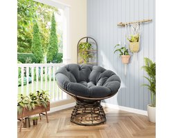 OKWISH Fauteuil 92 x 67 cm - 360 Graden Draaibaar Met Dik Gewatteerd Kussen - Voor Woonkamer Slaapkamer Of Leeshoek - Rotan En Staal - Grijs