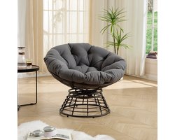 OKWISH Fauteuil - 92 x 67 cm - 360 Graden Draaibaar Met Dik Kussen - Voor Woonkamer, Slaapkamer of Leeshoek - Rotan En Metaal - Bruin En Grijs