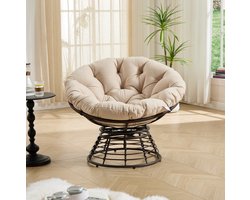 OKWISH Fauteuil 92 x 92 x 67 Cm - 360 Graden Draaibaar Met Dik Kussen - Voor Woonkamer Slaapkamer Of Leeshoek - Rotan En Staal - Beige