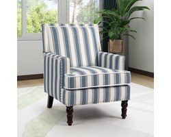OKWISH Fauteuil Compact – Blauw Wit Gestreept – Comfortabele Zitting Met Dikke Vulling – Voor Woonkamer Leeshoek Slaapkamer – Katoen Linnen – Blauw