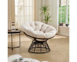 OKWISH Fauteuil - Ergonomische Papasanstoel Met 360 Graden Draaifunctie - Enkelzitter - Rotan En Staal - Modern - Bruin Wit