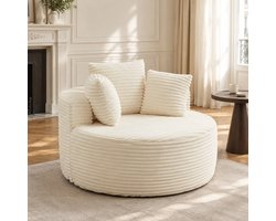 OKWISH Fauteuil - Rond 110 cm - Met 3 Sierkussens En Brede Armleuningen - Voor Woonkamer Slaapkamer En Leeshoek - Ribstof - Beige
