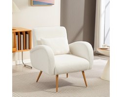 OKWISH Fauteuil – Zachte Fleece Bekleding – Met Lendenkussen – Voor Lezen En Ontspannen – Metalen Poten – Crèmewit