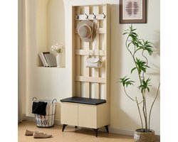 OKWISH Garderobe – Zitbank Met Opbergruimte – 4 Haken – 2 Deuren – 179,5×60×35 cm – Modern Houtnerf Design – MDF Lichtbruin – Zwarte Stalen Poten