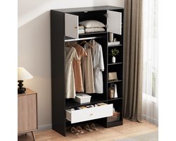 OKWISH Garderobekast - 6 Vakken, Kledingstang En Lade - Voor Hal, Slaapkamer Of Gastenruimte - Spaanplaat Wit Zwart - 105x185x40 Cm
