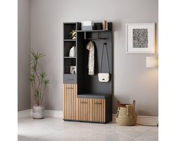 OKWISH Garderobekast – 7-in-1 Halmeubel Met Zitbank – 2 Kasten 1 Lade 5 Vakken – 80x35x175 cm – Met Verstelbare Planken En Haken – Spaanplaat Zwart+Lichtbruin
