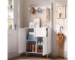 OKWISH Garderobekast – Compacte Hal Organizer – 80×35×175,5 cm – Verstelbare Planken – Softclose Scharnieren – MDF Wit+Goud Met Haken