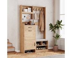 OKWISH Garderobekast – Garderobeset 6-in-1 – Perforatiepaneel – B108.5xD35xH180 cm – 2 Deuren 1 Lade 4 Haken – Zitbank Met Bekleding – Spaanplaat Natural+Wit