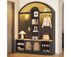 OKWISH Garderobekast - Gebogen Multifunctioneel Design - 3 Open Vakken - 2-deurs Onderkast - Met Metalen Haken - MDF Zwart/Houtlook - 150x40x195 cm