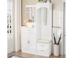 OKWISH Garderobekast – Halcombinatie Met Spiegel En Schoenenbank – 110x33x185.5 cm – Met Verstelbare Planken En Verborgen Kleerhangers – MDF Wit