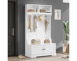 OKWISH Garderobekast – Halmeubel 2 deuren – 4 haken – Geïntegreerde zitbank met opbergruimte en open vakken – Geluidsarme softclose-scharnieren – Spanplaat Wit – 101,5×183 cm