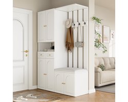 OKWISH Garderobekast Set – Entree Meubel Met Zitbank En Schoenenkast – 6 Deuren 2 Lades 4 Haken – 110x37x180 cm – Ruime Opbergruimte – Modern Wit Spaanplaat