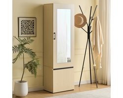 OKWISH Garderobekast – Smal Met Spiegel En Uittrekbare Kledingstang – 179,5×34,5×54 cm – 1 Deur – MDF Lichtbruin – Opbergruimte Voor Jassen