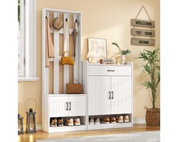OKWISH Garderobeset – Halmeubel Combinatie – Paneel met 4 Haken + Schoenkast + Bank – 4 Deuren 1 Lade 1 Verstelbare Plank – 140×180×30,5 cm – Spanplaat – Wit