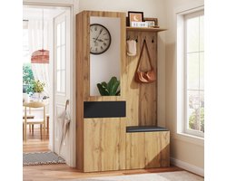 OKWISH Garderobeset – Halmeubel Met Spiegel En Zitbank – 5 Kledinghaken – 2 Schoenvakken Voor 7–10 Paar – 98,5×38×191 cm – MDF Zwart+Lichtbruin