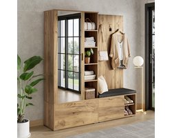 OKWISH Garderobeset Voor Hal Met Spiegel En Zitbank Met Schoenenkast Met Klapdeuren En Uittrekbare Kledingstang Zwart Naturel 160x38x180 Cm