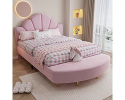 OKWISH Gestoffeerd Bed 140x200 cm - Fluwelen Hoofdeinde - Met Bijpassende Bedbank - Zachte Antibotsranden - Fluweel - Roze - Zonder matras
