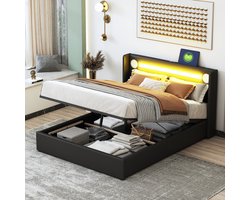 OKWISH Gestoffeerd Bed 140x200 cm - LED-Lichtlijst en Bluetooth-speler - Hydraulisch Opbergbed met Extra Grote Opbergkast - PU-leer - Zonder matras - Zwart
