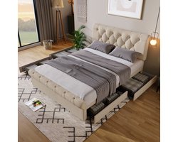 OKWISH Gestoffeerd Bed 140x200 cm - Verstelbaar Hoofdeinde (6 cm) - Met 4 Laden Op Rollen - Metaal;Hout Frame Met Linnen Bekleding - Beige - Zonder matras
