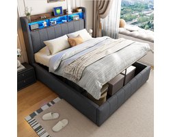 OKWISH Gestoffeerd Bed 140x200 - Tweepersoonsbed Met Opbergruimte En LED-Verlichting - Linnen - Grijs