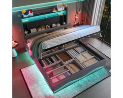 OKWISH Gestoffeerd Bed 140x200cm – Met Hoofdeinde Met Open Rek & LED – USB/Type-C Opladen & Opbergruimte – Fluweel – Donkergrijs – Zonder matras