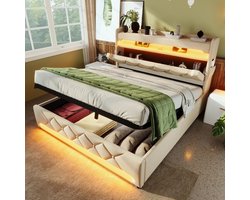 OKWISH Gestoffeerd Bed 160x200 cm - Bedbodem Met Opbergruimte En LED Verlichting - Tweepersoonsbed Met USB C-Type Oplaadfunctie - Linnen - Beige