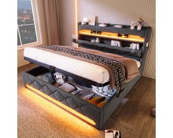 OKWISH Gestoffeerd Bed 160x200 cm - Bedbodem Met Opbergruimte En LED Verlichting - Tweepersoonsbed Met USB C-Type Oplaadfunctie - Linnen - Grijs