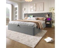 OKWISH Gestoffeerd Bed 160x200 cm - Hydraulisch Opbergbed Met Nachtkastjes En USB/Type-C - Fluweel Met Lattenbodem - Grijs - Zonder matras