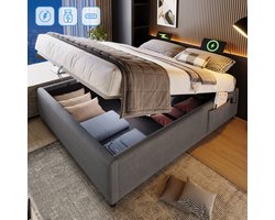 OKWISH Gestoffeerd Bed 160x200 cm - Hydraulische Opbergruimte Met USB/Type-C - Volledige Massief Houten Bedbodem - Stof/Linnen - Grijs - Zonder matras
