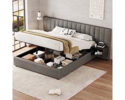 OKWISH Gestoffeerd Bed 160x200 cm – Met Hydraulische Opbergruimte En 2 Nachtkastjes – Met Lattenbodem – Zonder matras – Linnen – Grijs Zwart