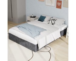 OKWISH Gestoffeerd Bed 160x200 cm - Modern Gestoffeerd Hoofdeinde - Met Rugleuning - Stevige Metaalconstructie - Fluweel - Grijs - Zonder matras