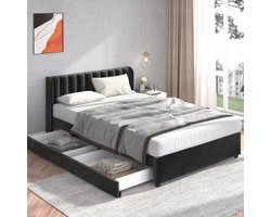 OKWISH Gestoffeerd Bed 160x200cm - Comfortabel Hoog Hoofdeinde - 2 Lades Op Rollen - Met Lattenbodem - Fluweel - Zwart - Zonder matras