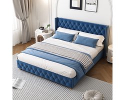 OKWISH Gestoffeerd Bed 160x200cm - Lattenbodem en Knopgestoffeerd Hoofdeinde - Zonder Opbergruimte - Slaapkamer - Fluweel - Blauw - Zonder matras