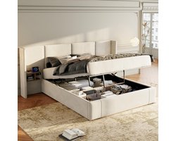 OKWISH Gestoffeerd Bed 160x200cm – Met Hydraulische Opbergruimte En Usb Aansluitingen – Met 2 Nachtkastjes – Zonder Matras – Fluweel – Beige
