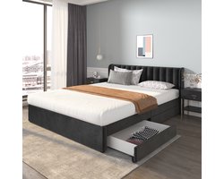OKWISH Gestoffeerd Bed 180x200 cm - Hoog Gevoerd Hoofdbord Met Lattenbodem - 2 Lades Met Opbergruimte - Eenvoudige Montage - Fluweel - Zwart - Zonder matras