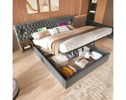 OKWISH Gestoffeerd Bed 180x200 cm - Hydraulisch Opbergbed met USB/Type-C Oplaadpunt - Inclusief 2 Nachtkastjes - Fluweel - Grijs - Zonder matras