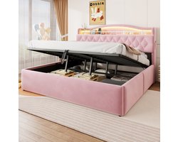 OKWISH Gestoffeerd Bed 180x200 cm - Met Hydraulische Opbergruimte en LED Hoofdbord - USB en USB-C - Tweepersoons Zonder Matras - Roze