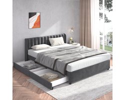 OKWISH Gestoffeerd Bed 180x200 cm - Met Lattenbodem en Hoog Hoofdeinde - Met 2 Lades - Slaapkamer/Gastenkamer - Fluweel - Grijs - Zonder Matras