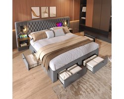 OKWISH Gestoffeerd Bed 180x200 cm - met USB & Type-C Laadstation - Leeslampen - 4 Laden met Nachtkastjes - Fluweel - Grijs - Zonder matras