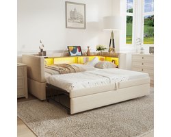 OKWISH Gestoffeerd Bed 90/180x190 cm - Uitschuifbaar Slaapbankbed met LED en Stopcontacten en Opbergruimte - Flanel - Beige - Zonder matras