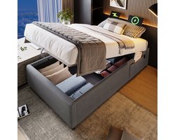 OKWISH Gestoffeerd Bed 90x190 cm - USB & Type-C Laadpoort - Hydraulische Opbergruimte - Katoen-Linnen - Grijs - Zonder matras